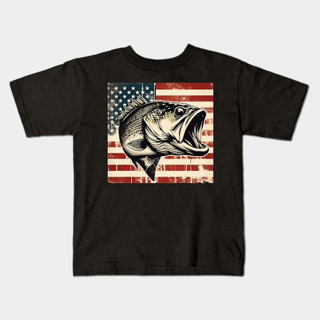 Retro Vintage Bass Fishing on American Flag Kids T-Shirt by TomFrontierArt